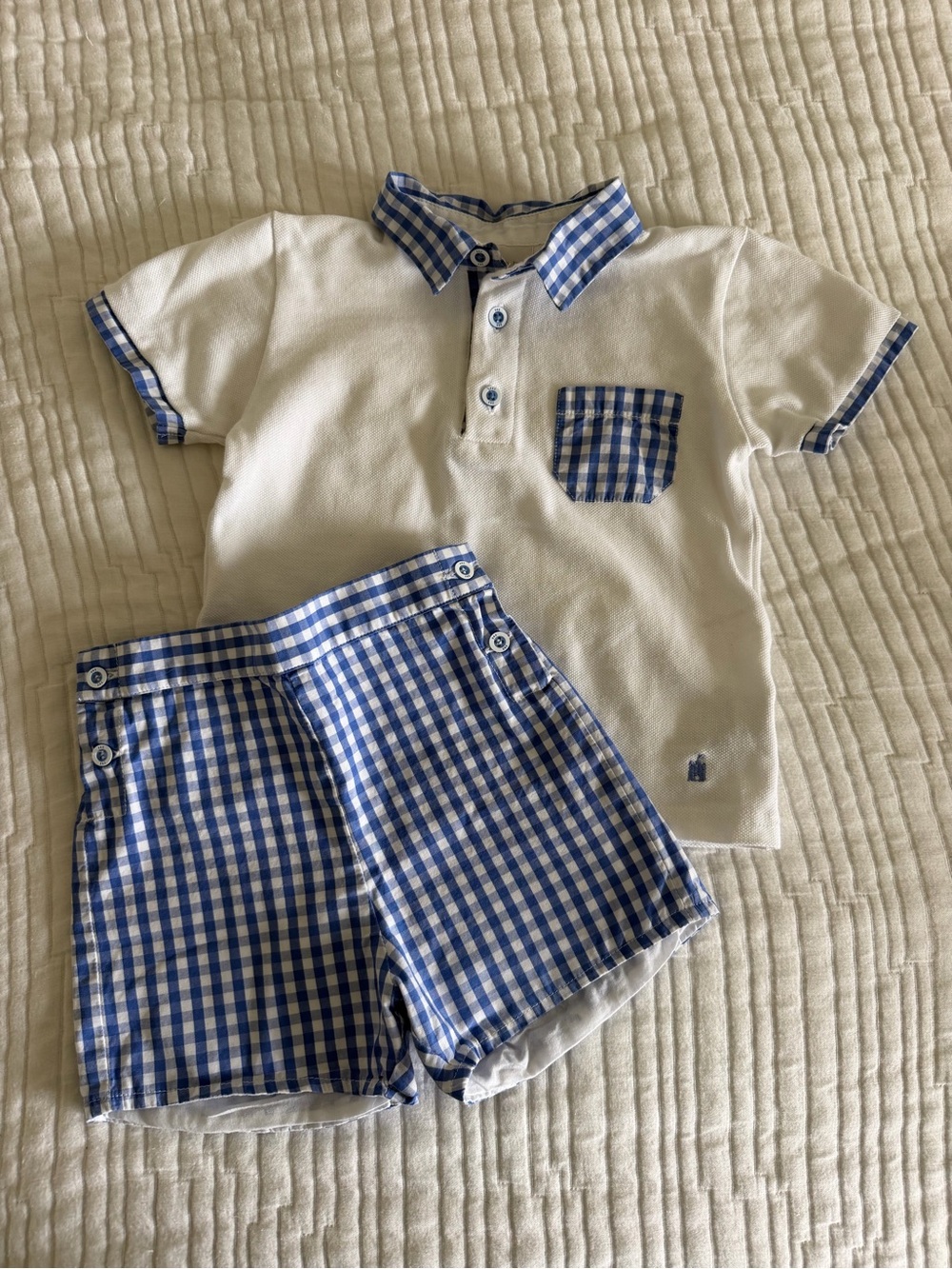 Paz Rodriguez White & Blue Gingham Kids Matching Set - Polo Top & Shorts